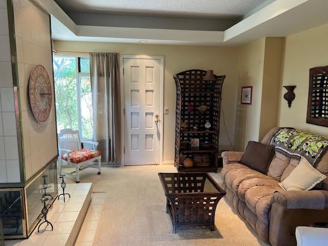 carpeted living room with a tray ceiling