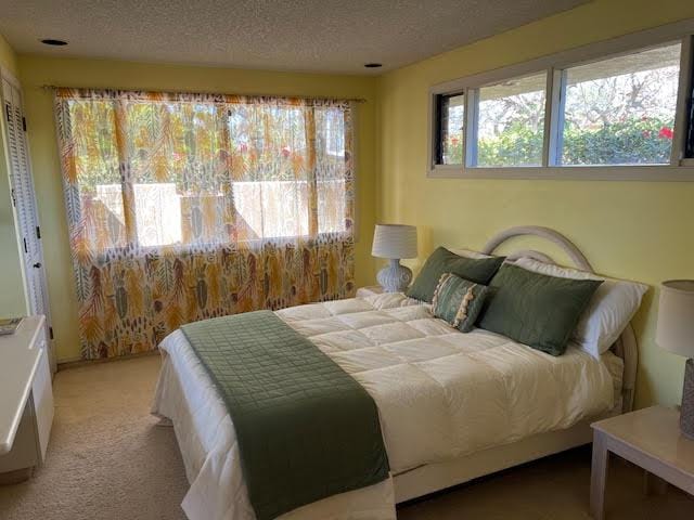 carpeted bedroom featuring a textured ceiling and a closet