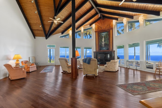 living room featuring ceiling fan, high vaulted ceiling, wooden ceiling, and dark hardwood / wood-style flooring