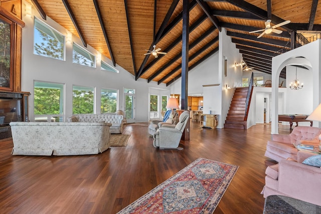 living room featuring wood ceiling, beam ceiling, dark wood-type flooring, billiards, and high vaulted ceiling