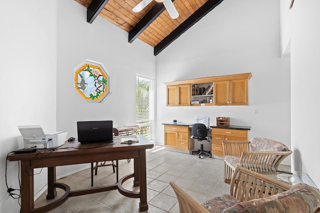 tiled home office with ceiling fan, high vaulted ceiling, wooden ceiling, and beamed ceiling