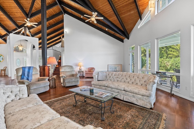 living room featuring dark hardwood / wood-style flooring, beamed ceiling, high vaulted ceiling, and wooden ceiling