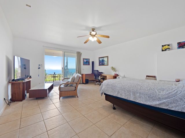 tiled bedroom featuring access to exterior and ceiling fan