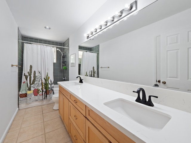 bathroom with a shower with curtain, tile patterned floors, vanity, and toilet