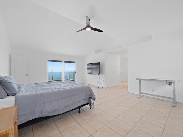 tiled bedroom featuring ceiling fan, lofted ceiling, and access to outside