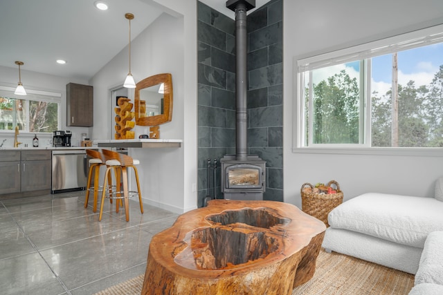 living room featuring a wood stove