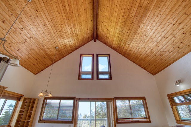 room details with beamed ceiling, a chandelier, and wood ceiling