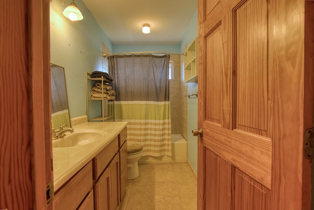 full bathroom featuring vanity, shower / bath combo, toilet, and tile patterned flooring