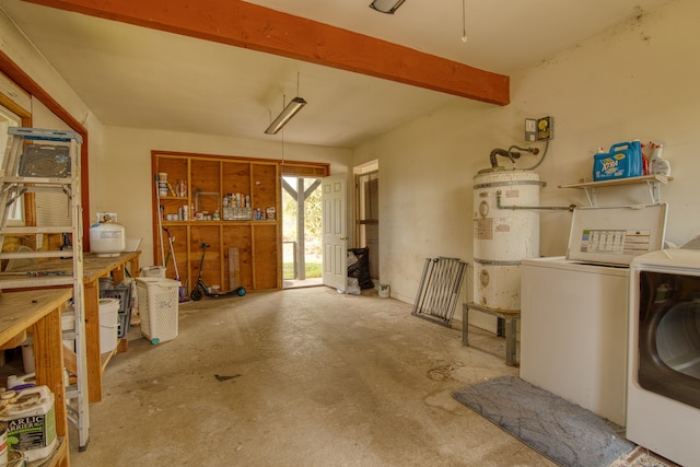 miscellaneous room featuring concrete floors, strapped water heater, beamed ceiling, and washer and clothes dryer