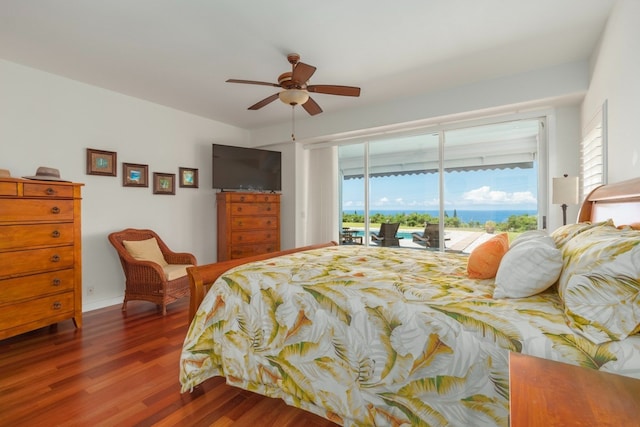 bedroom with ceiling fan, access to exterior, and hardwood / wood-style flooring