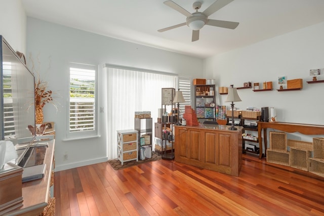 office area featuring hardwood / wood-style flooring and ceiling fan