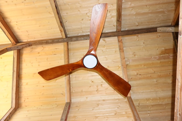 details featuring wood ceiling, beam ceiling, and wooden walls