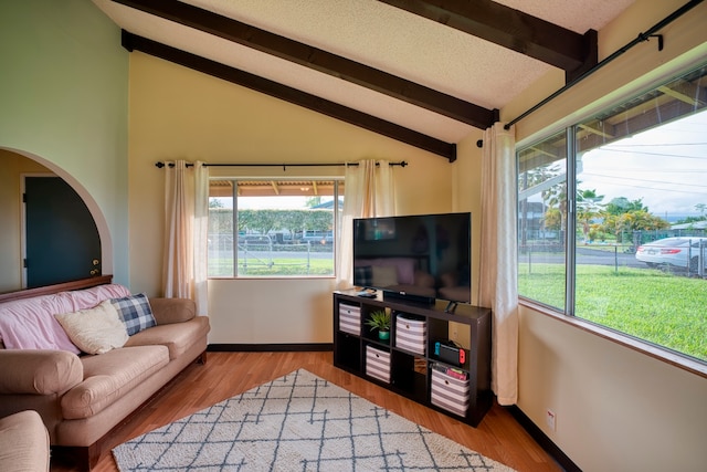 living room with vaulted ceiling with beams, light hardwood / wood-style flooring, a textured ceiling, and a wealth of natural light