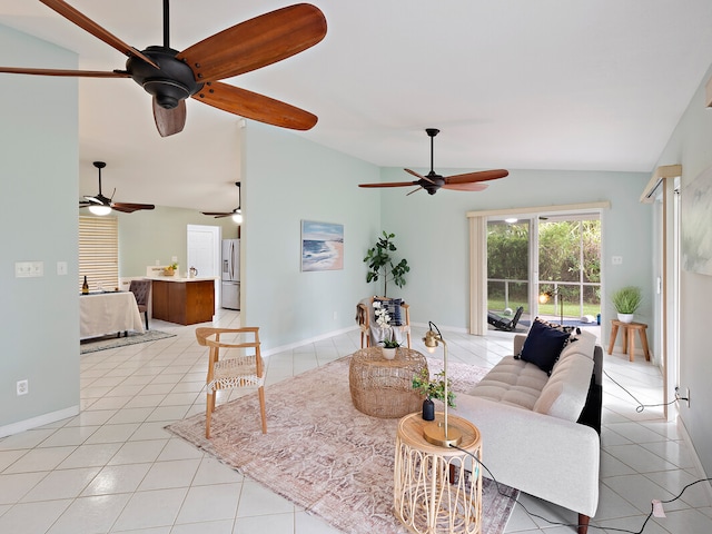 tiled living room with vaulted ceiling