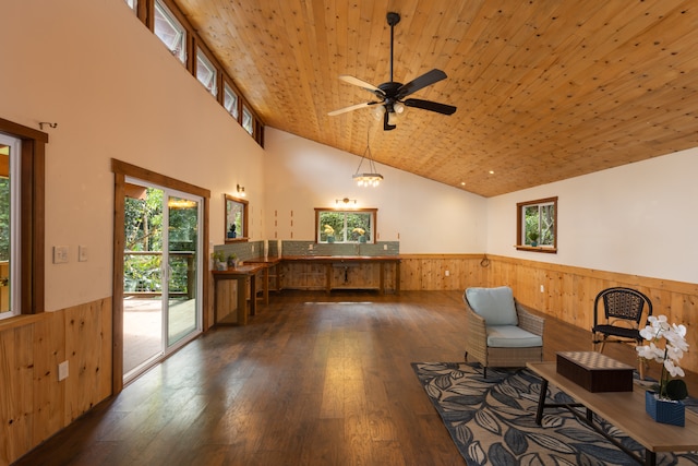 living area featuring wood ceiling, ceiling fan, high vaulted ceiling, dark wood-type flooring, and wooden walls