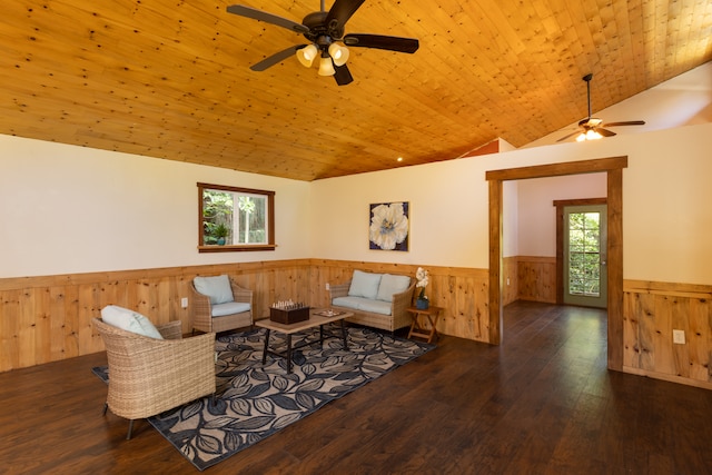 living room featuring vaulted ceiling, a healthy amount of sunlight, wooden ceiling, and dark hardwood / wood-style flooring