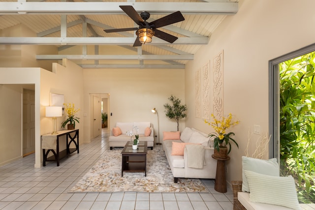 living room featuring wood ceiling, beamed ceiling, light tile patterned flooring, high vaulted ceiling, and ceiling fan