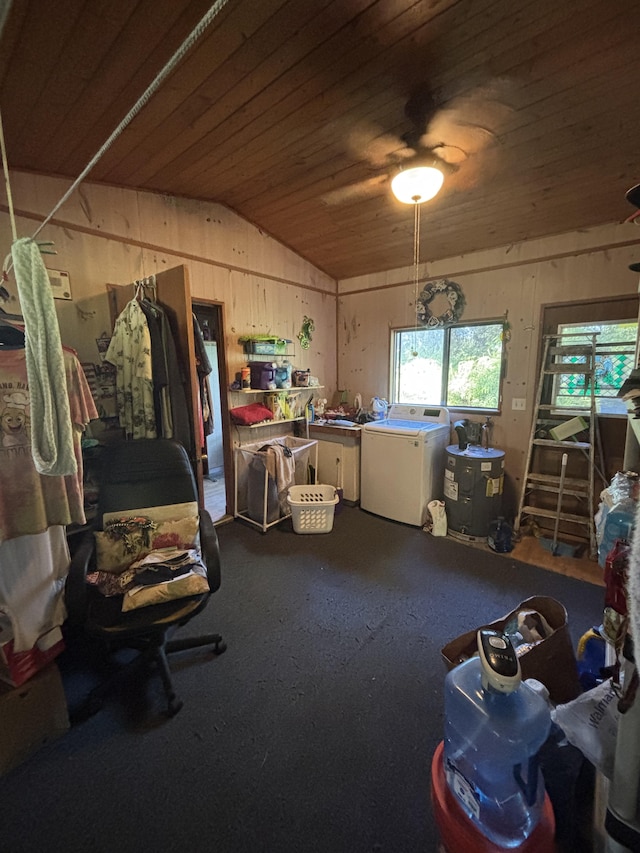16-1248 Uhini Ana Rd, Mountain View, HI 96771 - miscellaneous room featuring lofted ceiling, carpet flooring, wooden ceiling, and washer / clothes dryer