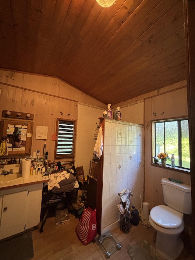 16-1248 Uhini Ana Rd, Mountain View, HI 96771 - bathroom with wood ceiling, vaulted ceiling, wood finished floors, and toilet