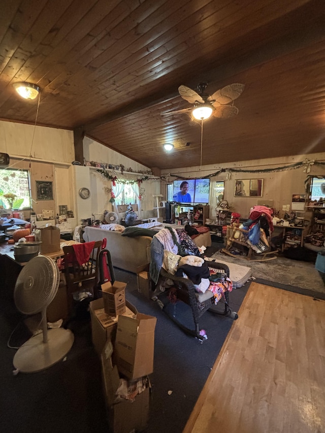16-1248 Uhini Ana Rd, Mountain View, HI 96771 - living room with wood ceiling, a ceiling fan, wood finished floors, and lofted ceiling