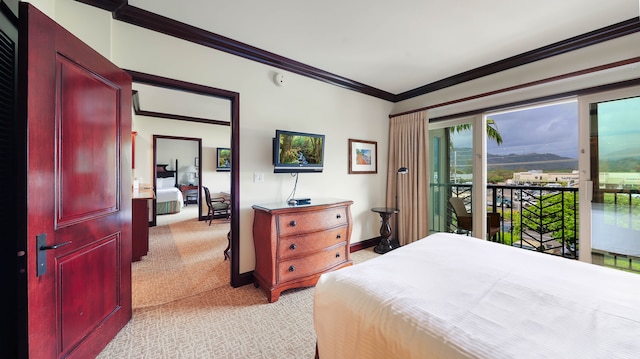 carpeted bedroom featuring crown molding and access to exterior