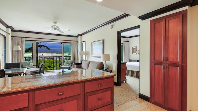 kitchen featuring ornamental molding, light stone countertops, and ceiling fan