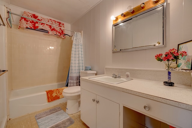 full bathroom with vanity, toilet, tile patterned floors, and shower / bathtub combination with curtain