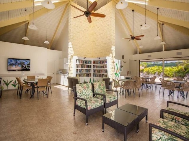 living room featuring ceiling fan, high vaulted ceiling, and beam ceiling