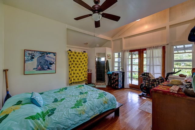 bedroom with hardwood / wood-style floors, french doors, vaulted ceiling, and ceiling fan