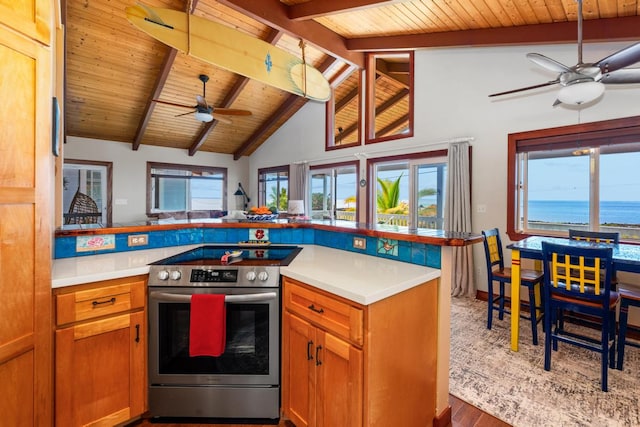 kitchen featuring wood ceiling, vaulted ceiling with beams, hardwood / wood-style flooring, stainless steel range with electric cooktop, and a water view