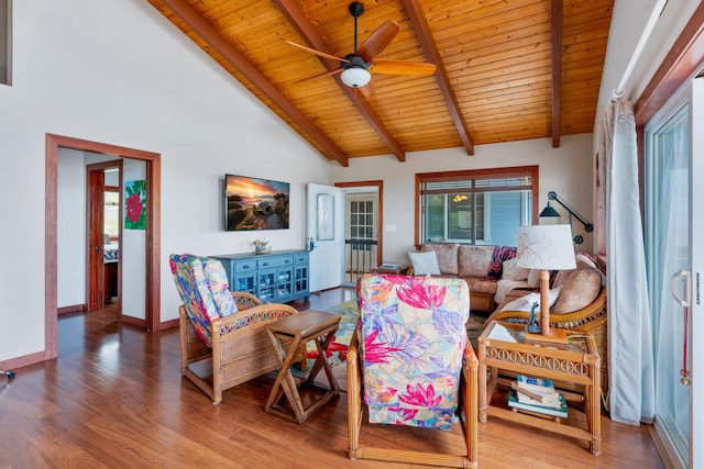 living room featuring hardwood / wood-style flooring, beam ceiling, wooden ceiling, high vaulted ceiling, and ceiling fan