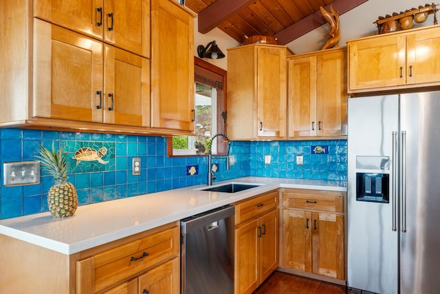 kitchen featuring backsplash, wooden ceiling, vaulted ceiling with beams, sink, and stainless steel appliances