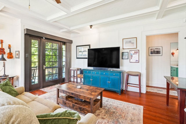 living room with crown molding, beam ceiling, hardwood / wood-style flooring, and coffered ceiling