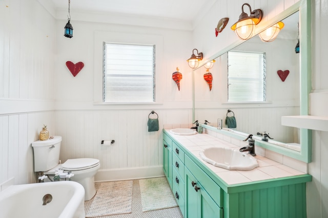 bathroom featuring toilet, a tub, vanity, and a wealth of natural light