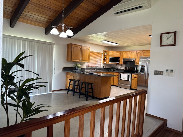 kitchen with dark countertops, appliances with stainless steel finishes, a wall mounted air conditioner, a peninsula, and open shelves