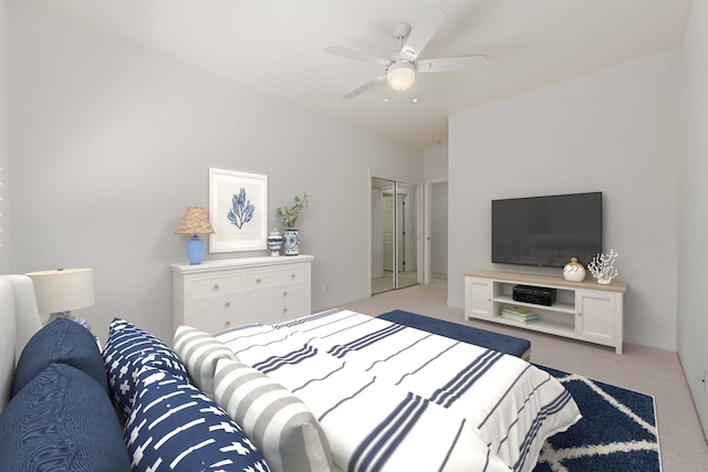 bedroom featuring light carpet, a closet, and ceiling fan