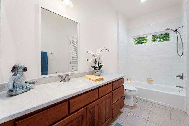 full bathroom featuring tile patterned floors, tiled shower / bath, vanity, and toilet