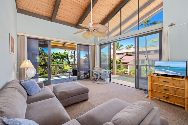 carpeted living room with ceiling fan, wood ceiling, high vaulted ceiling, and beamed ceiling