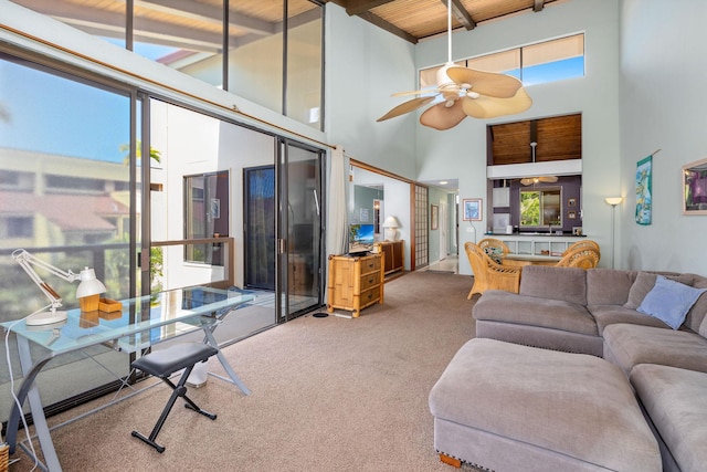 living room with beam ceiling, high vaulted ceiling, a wealth of natural light, and wood ceiling