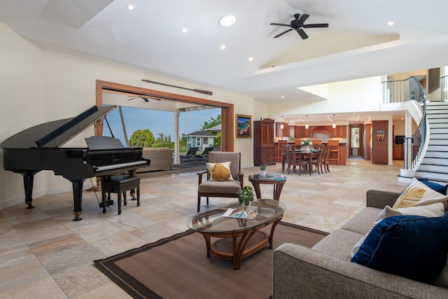 living room with lofted ceiling and ceiling fan