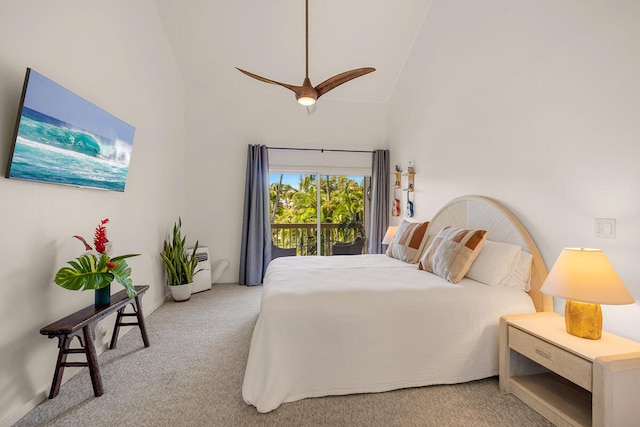 bedroom with access to exterior, light colored carpet, high vaulted ceiling, and ceiling fan