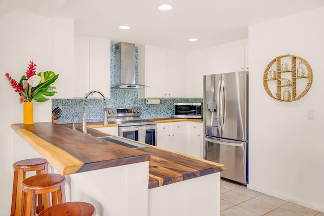 kitchen featuring wall chimney range hood, butcher block countertops, kitchen peninsula, white cabinetry, and stainless steel appliances