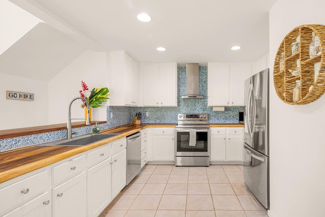 kitchen featuring appliances with stainless steel finishes, sink, backsplash, wall chimney exhaust hood, and white cabinets