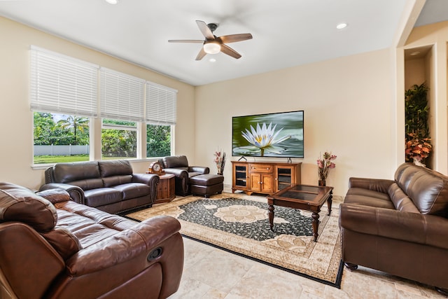 living room featuring ceiling fan