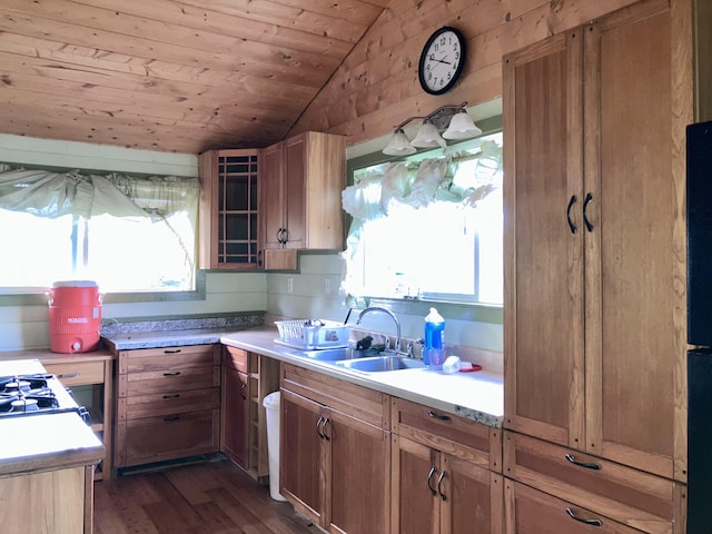 kitchen with sink, dark wood-type flooring, vaulted ceiling, and wooden ceiling