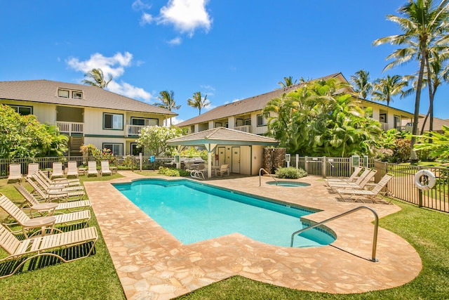 view of pool with a community hot tub, a patio, and a gazebo