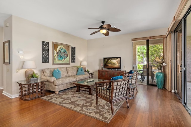 69-1035 Keana Pl Unit 113, Waikoloa, HI 96738 - living room with wood finished floors, ceiling fan, and baseboards