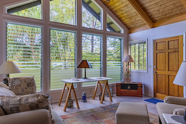 sunroom featuring wood ceiling and lofted ceiling with beams