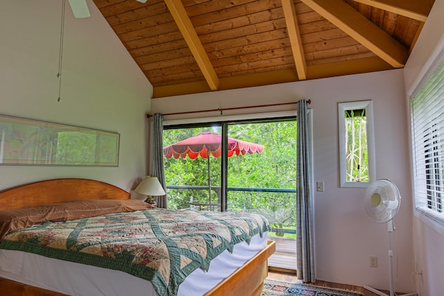 bedroom featuring ceiling fan, lofted ceiling with beams, and wooden ceiling