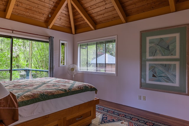 bedroom with lofted ceiling with beams, wood ceiling, multiple windows, and wood-type flooring